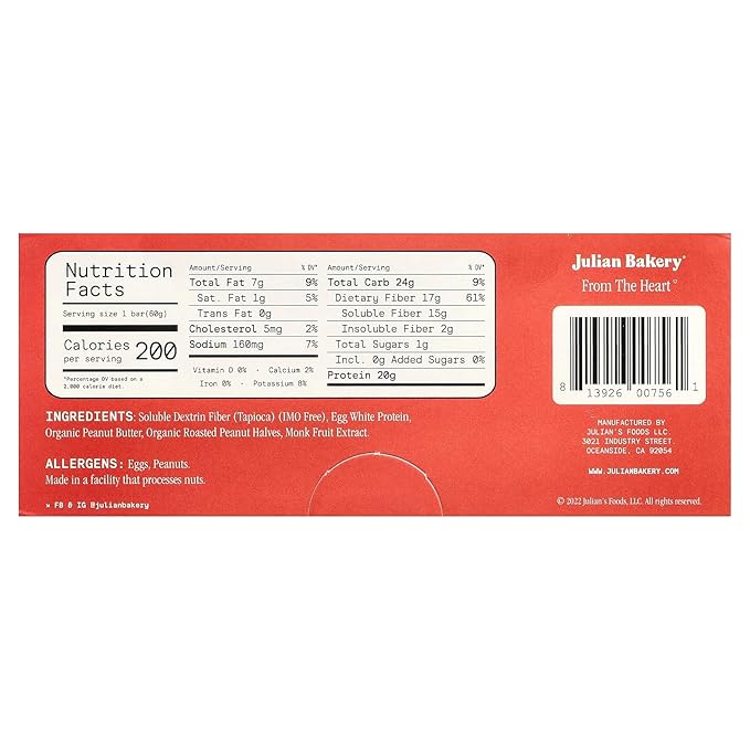 Julian Bakery Egg White Protein Bar—Peanut Butter 12 Bars 2.1oz (60 g) Each | 20g Protein | 17g Fiber | 1g Sugar