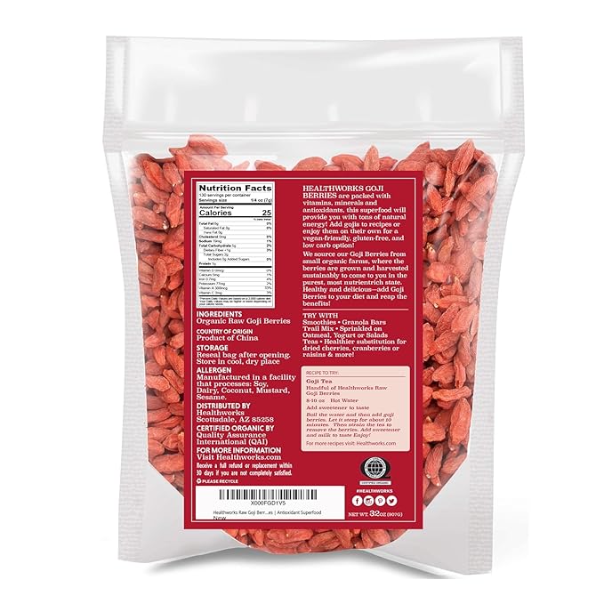 Healthworks Organic Dried Goji Berries - 32oz /2lb - 1 Pack - Vegan and Non-GMO Certified Organic Raw Sun-Dried Goji Berries