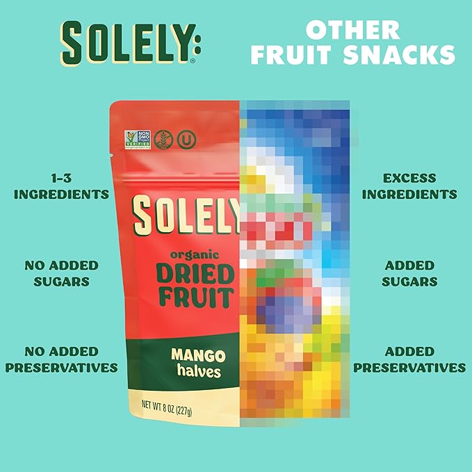 SOLELY - Organic Mango Chocolate Drizzled Strips (2.8 oz Resealable Bags Pack of 8) - Real Fresh Fruit - Healthy Snacks for Adults &amp Kids - Non GMO Vegan Snacks Shelf Stable - 8 Bags (22.4 oz)