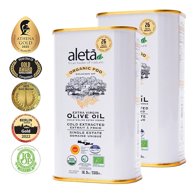 Aleta Farms Organic Olive Oil Extra Virgin High Phenols Single Estate PDO Cold Press Global Gold Awards EVOO Kosher. 16.9 Fl Oz (Pack of 2)