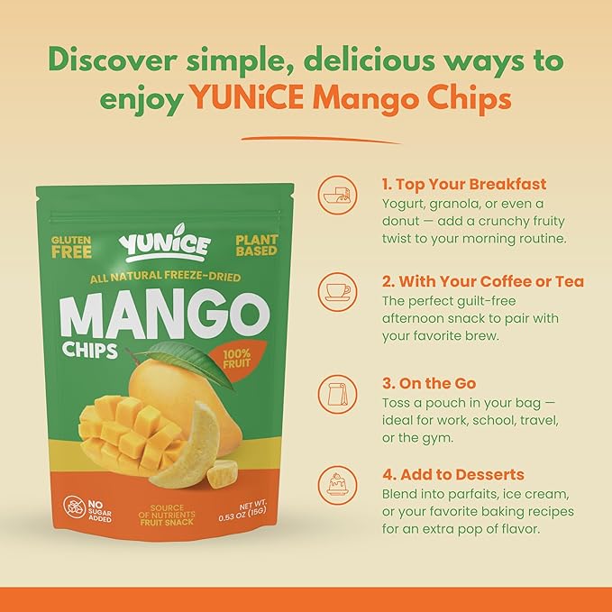 YUNiCE Freeze-Dried Mango Chips 100% Real Fruit Snack Gluten Free Plant Based dried mango no sugar added Crunchy Tropical On-The-Go Snack MANGO 0.70 Ounce (Pack of 12)