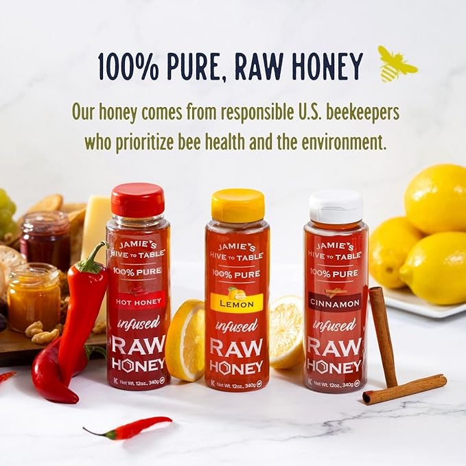 Jamie's Hive to Table Infused Honey Gift Set – Hot Lemon and Cinnamon Flavors 36 Oz Pack of 3 Squeeze Bottles – 100% Natural Raw Honey
