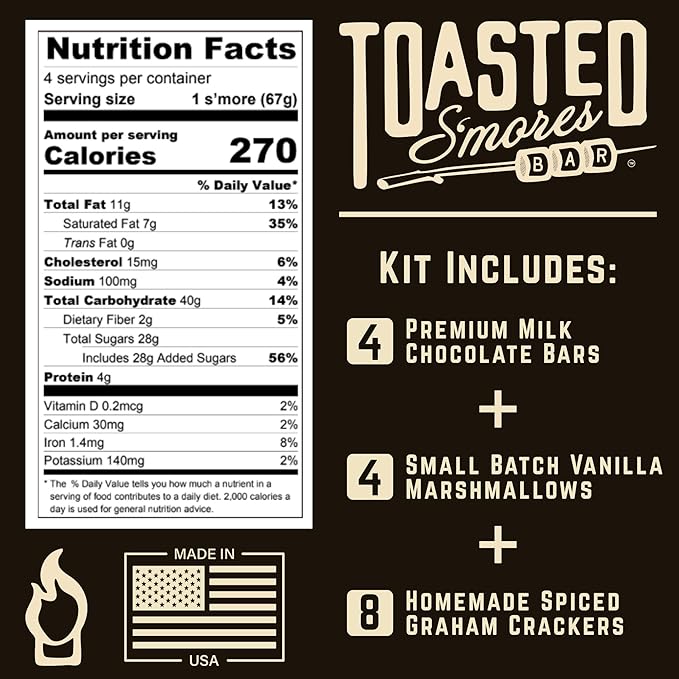 Toasted S'mores Bar Original Car Camping Artisan S'mores Kit Contains Milk Chocolate Squares Spiced Graham Crackers and Vanilla Marshmallows Pack of 4
