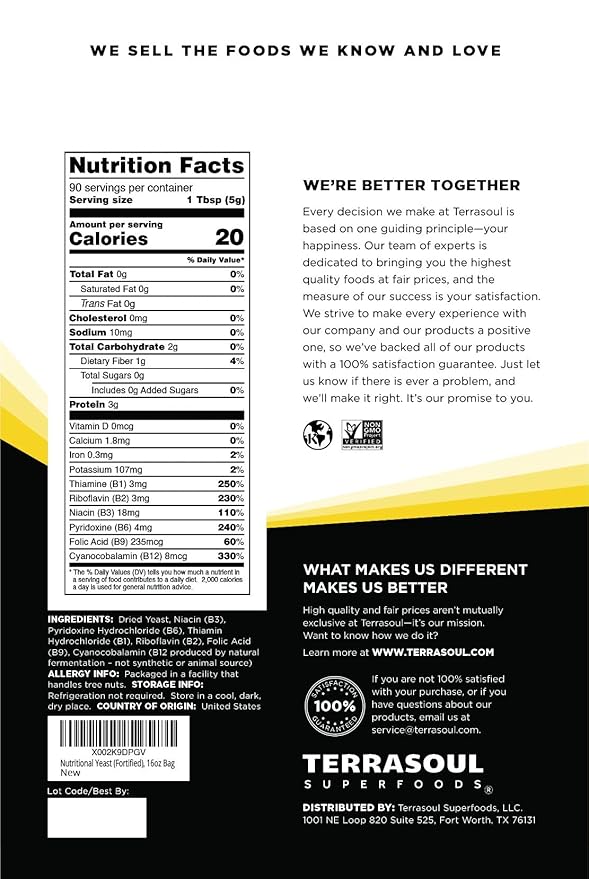 Terrasoul Superfoods Premium Nutritional Yeast Flakes 2 Lbs (Pack of 2) Fortified Savory Superfood for Vegan Cheese Seasoning and Plant-Based Protein Boost