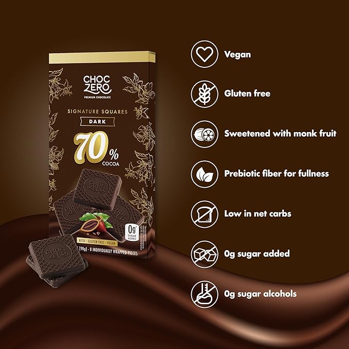 ChocZero 70% Cocoa Dark Chocolate Squares Sugar Free Vegan Low Carb High Fiber Keto Friendly No Sugar Alcohols (4 Count 3.2oz Boxes)