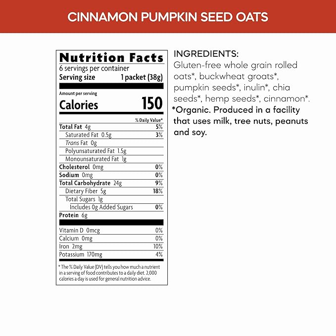 Nature's Path Organic Qi'a Cinnamon Pumpkin Seed Instant Oatmeal 8 oz (Pack of 6) Gluten Free Non-GMO