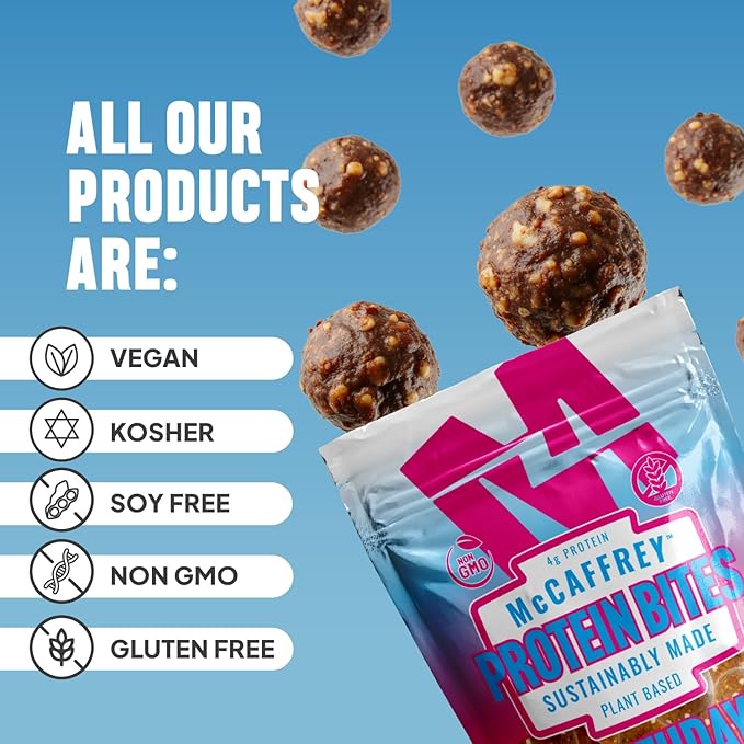 McCaffrey Protein Bites Birthday Cake + Fudge Brownie Bundle – 3-Pack of Each Flavor Vegan Gluten-Free High Fiber Energy Snacks with 4g Protein