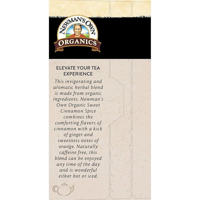 Newman's Own Organics Sweet Cinnamon Spice Herbal Tea USDA Certified Organic and Kosher Invigorating &amp Aromatic Herbal Tea Blend Organic Ingredients 20 Individually Wrapped Tea Bags (Pack of 6