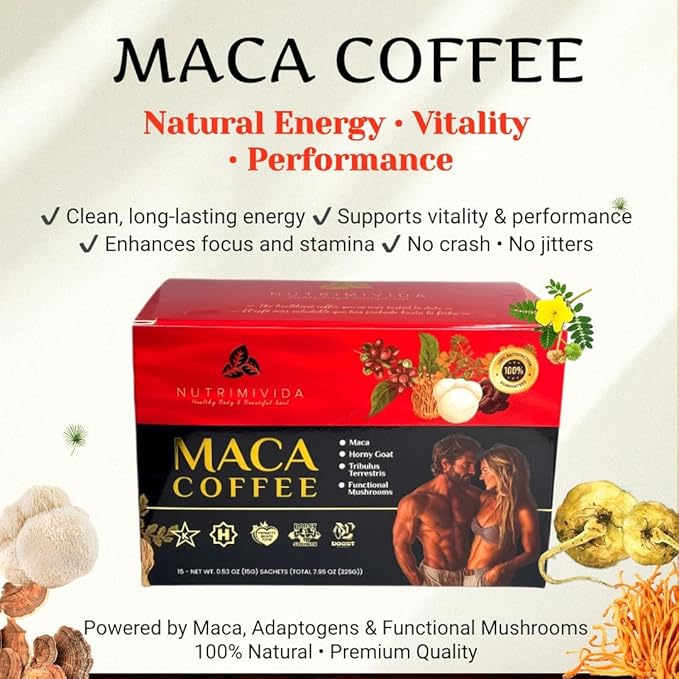12 in 1 Maca Mushroom Coffee | Arabica Coffee with Maca | Herbs &amp Functional Mushrooms | Non-GMO Vegan | 15 Sachets