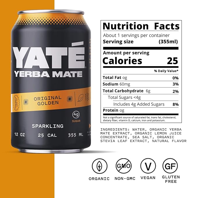Yate Sparkling Yerba Mate - Original Golden Organic Yerba Mate Drink with Low Sugar &amp 25 Calories for Daily Energy - A Smooth Healthy Energy Drink with Antioxidants &amp Plant-Based Ingredients-