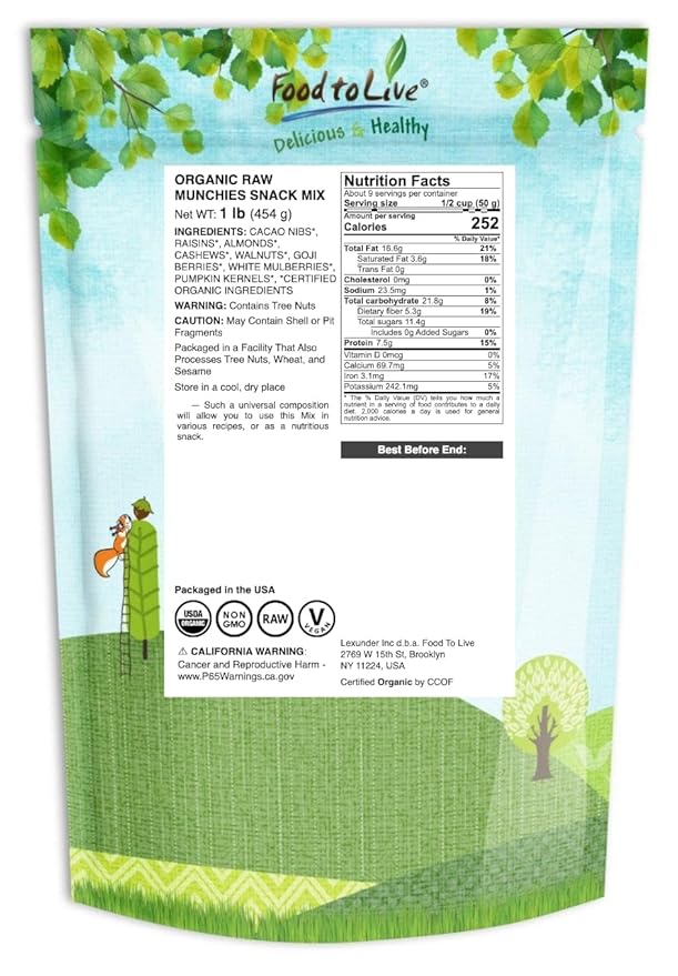 Food to Live - Organic Raw Munchies Snack Mix 1 Pound - Raw and Non-GMO Snack Mix Contains Cacao Nibs Raisins Almonds Cashews Walnuts Goji Berries Mulberries Pumpkin Seeds