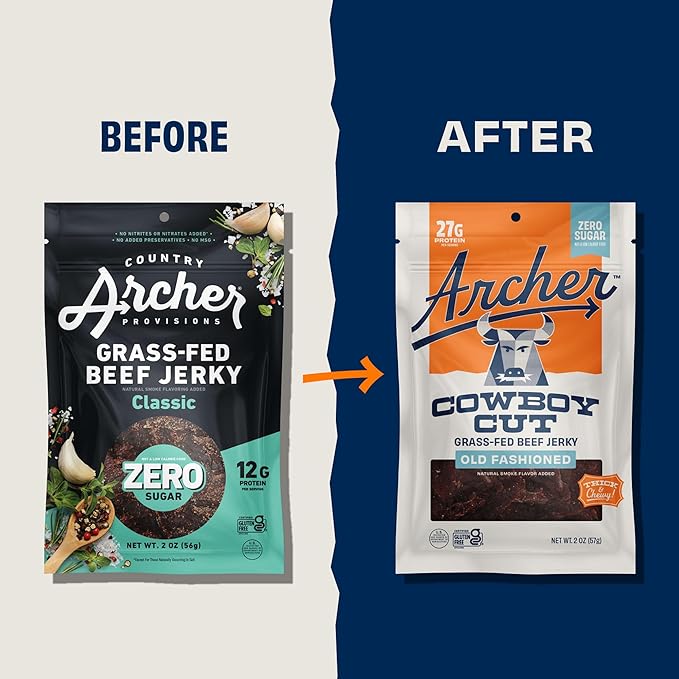 Country Archer Grass Fed Beef Jerky - Zero Sugar Beef Jerky Sugar Free Snack Pack Bulk Individual Packs Gluten Free Paleo - Classic Flavor - 2 Oz (Pack Of 6)