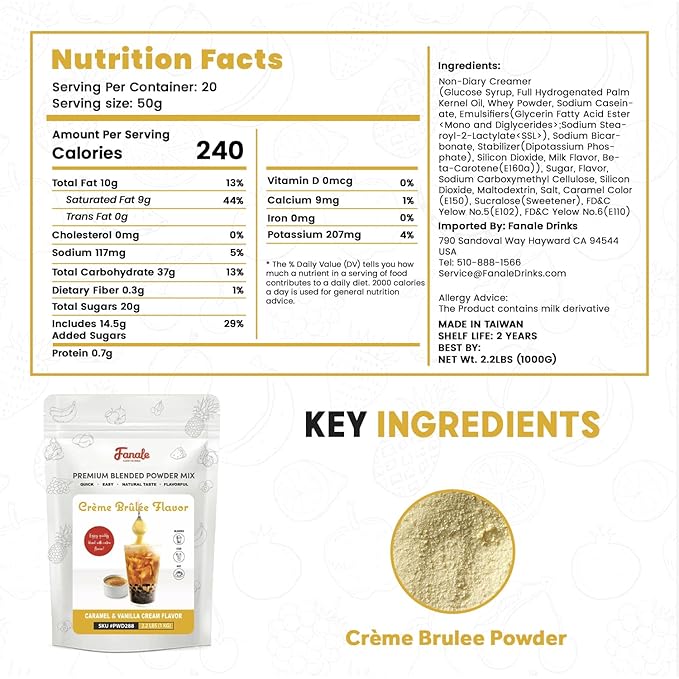 Fanale Premium Creme Brulee Bubble Tea Flavoring Powder | Perfect for Baking Smoothies Desserts and Drinks | Instant Flavoring Powder for Boba Milk Tea - 2.2 Pounds (Pack of 20).