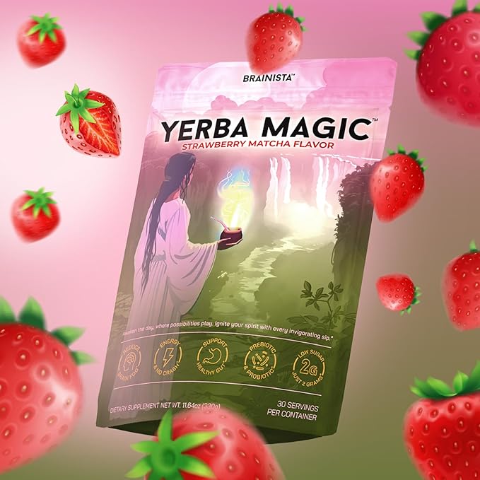 Yerba Magic Yerba Mate Powder Packets - Instant Clean Energy &amp Focus Drink Mix for Gut Health - Nootropic Blend with Lion’s Mane L-Theanine Prebiotics &amp Probiotics - Low Sugar Natural Caffei