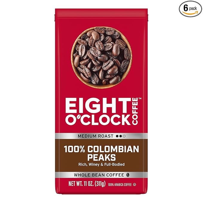 Eight O'Clock Coffee 100% Colombian Peaks Whole Bean Coffee Medium Roast 11 Ounce (Pack of 6) - Rich Winey &amp Full Bodied