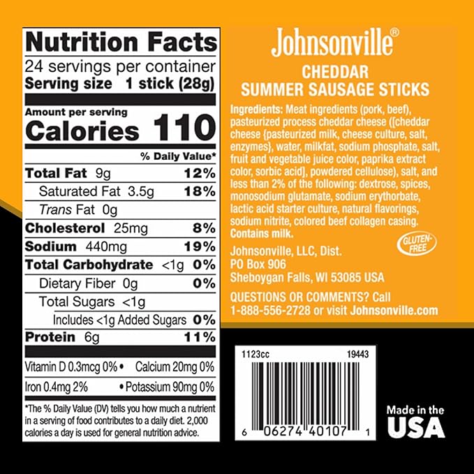 Johnsonville Summer Sausage Snack Sticks - Gluten Free Protein Snacks Jerky Snack Packs - Cheddar 1 oz. 24-Pack