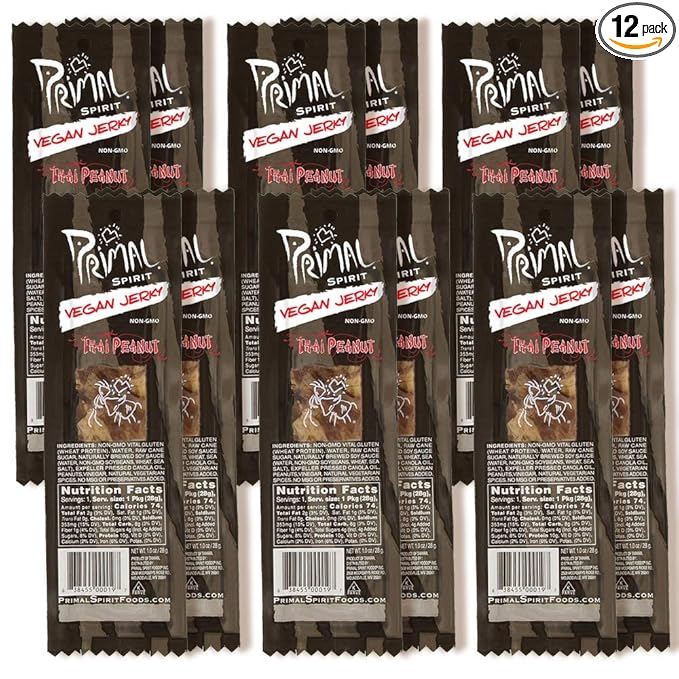 Primal Spirit Vegan Jerky – “Classic Flavor” – Thai Peanut 10 g. Plant Based Protein Certified Non-GMO No Preservatives Sports Friendly Packaging (12 Pack 1 oz)
