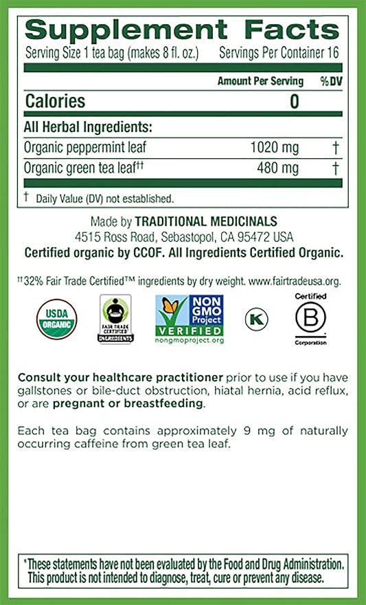 Traditional Medicinals Organic Green Tea Peppermint Herbal Tea Alleviates Digestive Discomfort (Pack of 3) - 48 Tea Bags Total