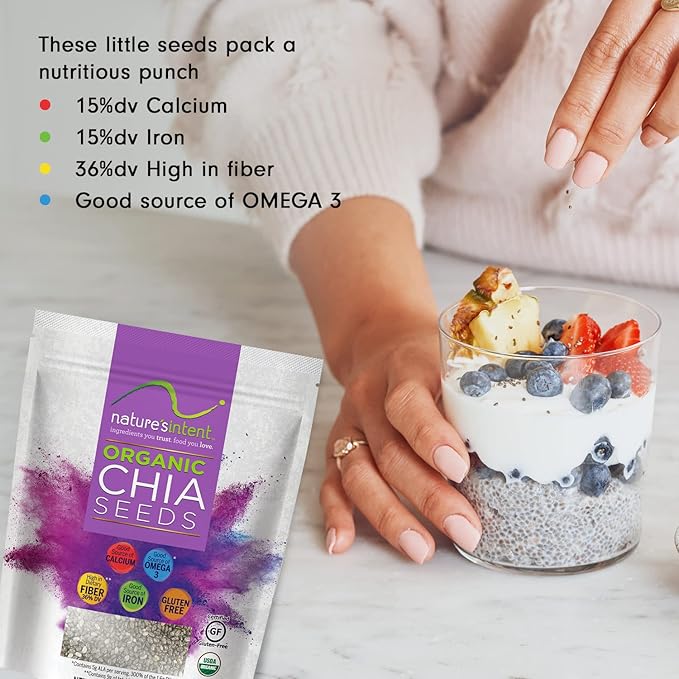Nature's Intent Organic Chia Seeds - 3lb Bag - USDA Organic Non-GMO Vegan Gluten-Free Kosher Keto &amp Paleo - Good Source of Calcium Omega 3 and Iron - for Salads Yogurt &amp Smoothies
