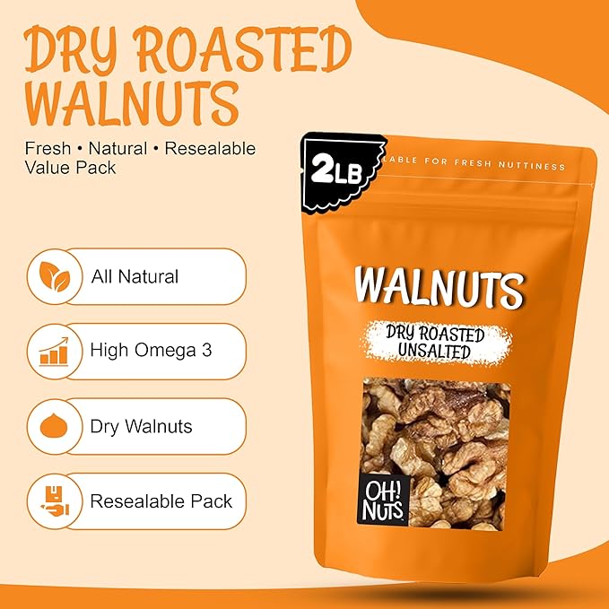 Oh! Nuts Walnuts - Dry Roasted Unsalted - 2 lb - Packed in New York Zip-Seal Bag for Exceptional Freshness