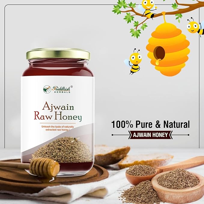 Riddhish Herbals Ajwain Raw Honey | 100% Natural Unprocessed Honey with Ajwain Nectar | Supports Digestion &amp Gut Health | No Added Sugar