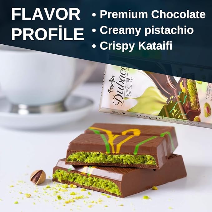 Beyoglu Dubai Chocolate Bar Premium Pistachio Kataifi Milk Chocolate with Crispy Layers. Ships in Cold Thermal Bubble Mailer with Dry Ice Pack. (200 Grams)
