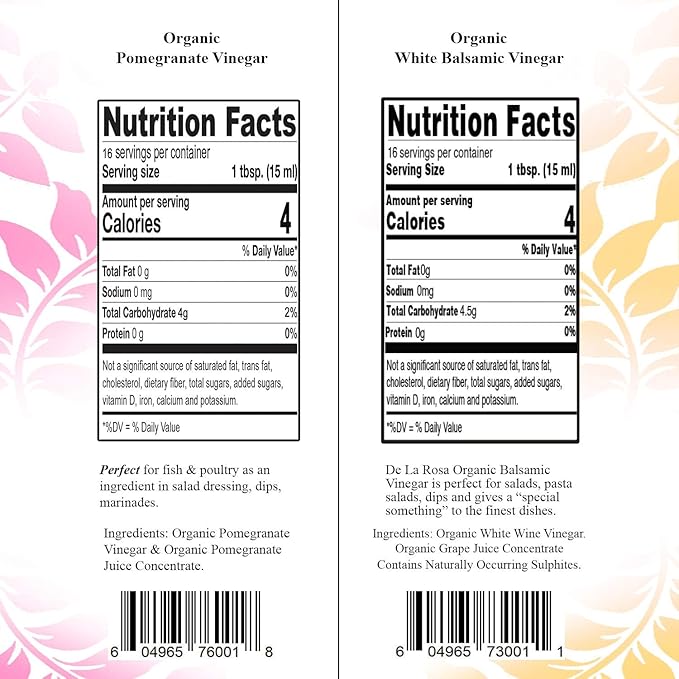 De La Rosa Organic Pomegranate and White Balsamic Vinegar Vegan Kosher Non-GMO &amp Gluten Free Great for Salad Dressings Marinades &amp More 8.45 Oz (Pack of 2)