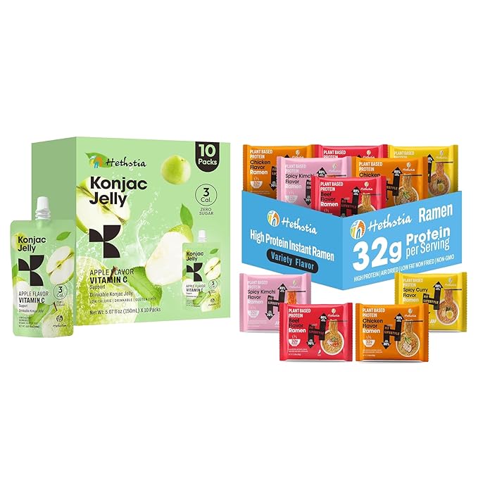 Hethstia High-Protein Ramen Variety 6-Pack and Konjac Jelly Apple Flavor – 10 Packs Drinkable Fruit Jelly Squeeze Pouches