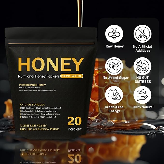 Nutrition Honey Packets - Nutritional Raw Honey 100mg Caffeine With Lions Mane Mushroom Green Tea Caffeine Himalayan Salt Boost Energy &amp Keeps Focused 100% Natural
