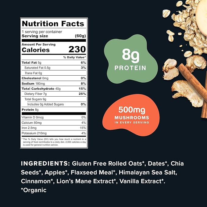 Mushroom Overnight Oats (6 Pack) Superfood Lions Mane Mushroom Chia &amp Flax Seed - Organic Protein Oatmeal - High Fiber Vegan Gluten Free Low Sugar - Easy Prep Plant Protein - Apple Cinnamon