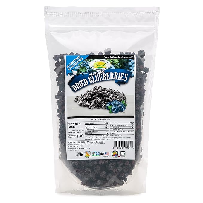 Sunrise Fresh Dried Blueberries 1lb. Bag - No Sugar Added Dehydrated Fruit for Baking Healthy Snack
