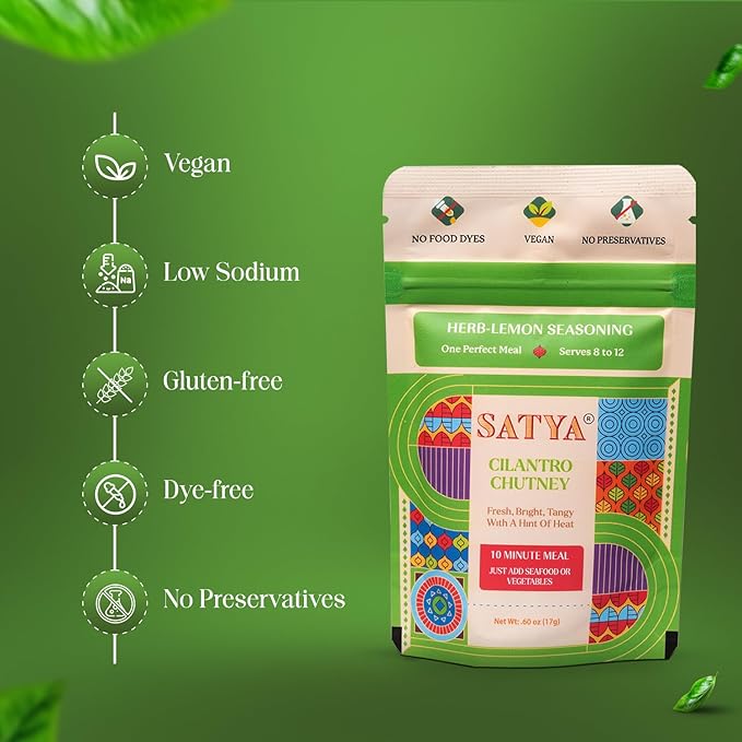Satya Cilantro Chutney Powder Seasoning Mix 0.6 oz Sachets (Pack of 5- 85gm) – Herb Lemon Indian Seasoning for Vegetables &amp Seafood - Vegan Gluten &amp Dye Free Low Sodium Authentic Indian Spic
