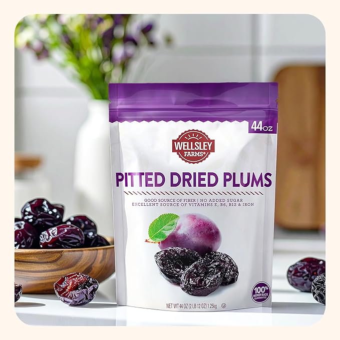 Wellsley Farms Gourmet Dried Plums - Gluten Free and Kosher Certified - Dry Prunes With Fiber Plus Added Vitamins B6 B12 E and Iron - Ideal for Travel School &amp Office Snacks - 44 oz Resealable