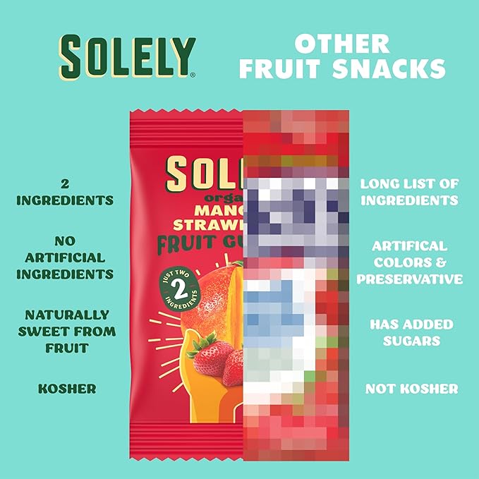 SOLELY - Organic Mango &amp Strawberry Whole Fruit Gummies (Pack of 8 Boxes 5 Bags per Box) - Real Fresh Fruit - Healthy Snacks for Adults &amp Kids - Non GMO Vegan Snacks Shelf Stable - 40 Bags