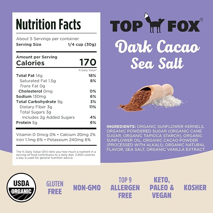 Top Fox Snacks Dark Cacao Sea Salt Sunflower Seeds To Eat (5.5 oz Pack of 6) – Keto Friendly Snacks Allergen Free Snacks Gluten Free Snacks Protein Snacks Keto Snacks Paleo &amp Vegan - Organi