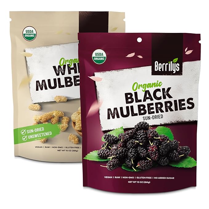 Berrilys Organic Dried White &amp Black Mulberries - Sun-Dried - Homemade Recipes - Chewy Fruit - Ideal for Snacks Baking &amp Smoothies - Non-GMO Raw Vegan - Breakfast Bowls Yogurt Trail Mix -