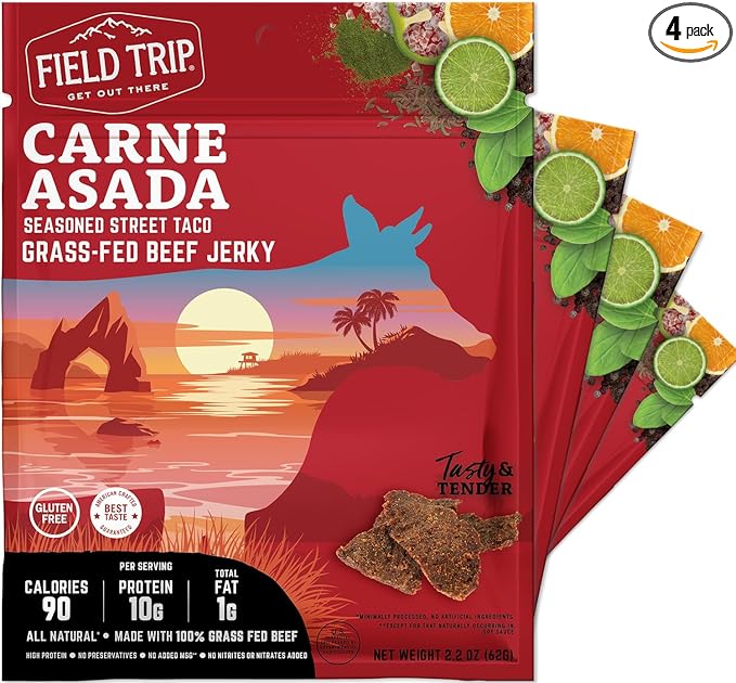 Field Trip Grass Fed Beef Jerky Healthy Gluten Free Snacks All Natural High Protein Low Carb Snack with No Nitrates 2.2oz 4 Pack Carne Asada