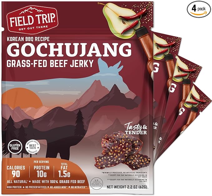 Field Trip Grass Fed Beef Jerky Healthy Gluten Free Snacks All Natural Paleo-Friendly Beef Jerky High Protein Low Carb Snack with No Nitrates 2.2oz Bag 4 Pack Gochujang Korean BBQ