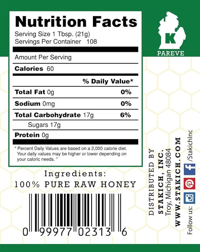 Stakich Raw Honey - Pure Unprocessed Unheated Kosher - 5 Pound (80 Ounce)