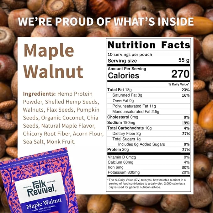 Folk Revival Maple Walnut Keto Instant 'Oatmeal' - 20g Protein 2g Net Carbs High Fiber Non GMO Gluten Free Made with Acorns - 19.4 Oz (550g) - 10 Servings Per Pouch