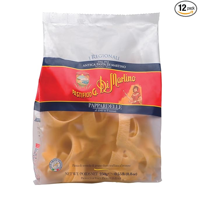 Pastificio Di Martino - Pappardelle Pasta 16oz (12 Packs) Non-GMO Organic Pasta Made in Italy with 100% Italian Durum Semolina Wheat - Healthy Italian Pasta High in Protein &amp Fiber Bronze Die