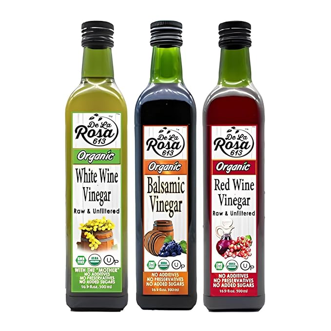 De La Rosa Organic White Wine Red Wine &amp Balsamic Vinegar Vegan Kosher Non-GMO &amp Gluten Free Great for Salad Dressing Marinades &amp More 16.9 Oz (Pack of 3)