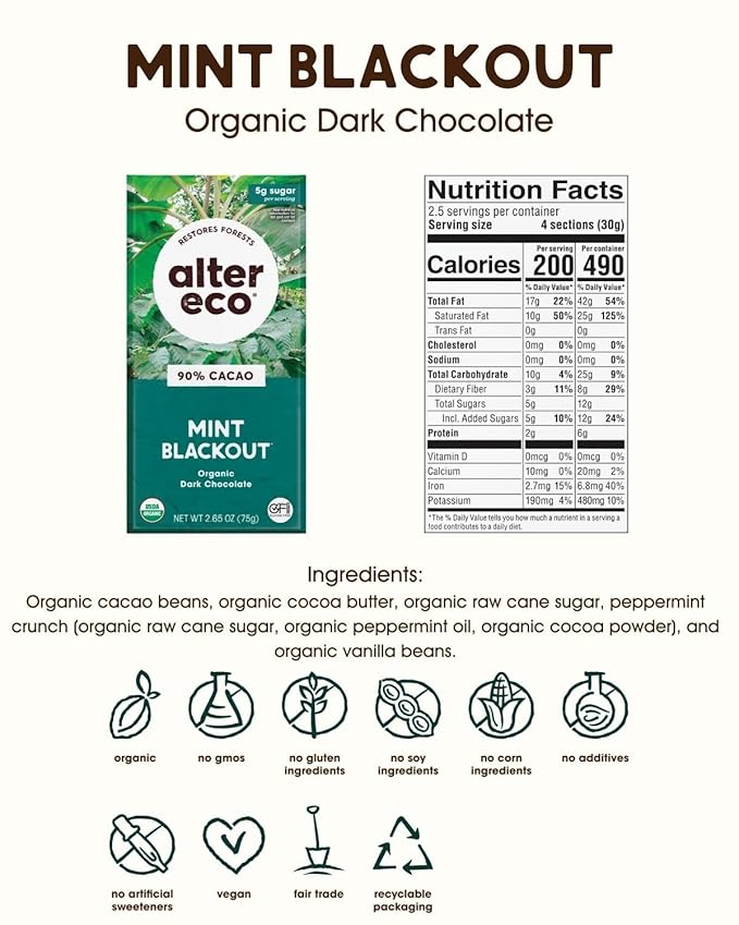 Alter Eco | Chocolate Bars | Pure Dark Cocoa Fair Trade Organic Non-GMO Gluten Free (12-Pack Mint Blackout)