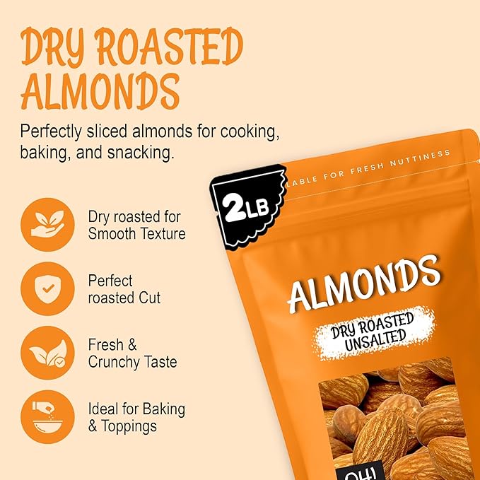 Oh! Nuts Almonds - Roasted Unsalted - 2 lb - Packed in New York Zip-Seal Bag for Exceptional Freshness