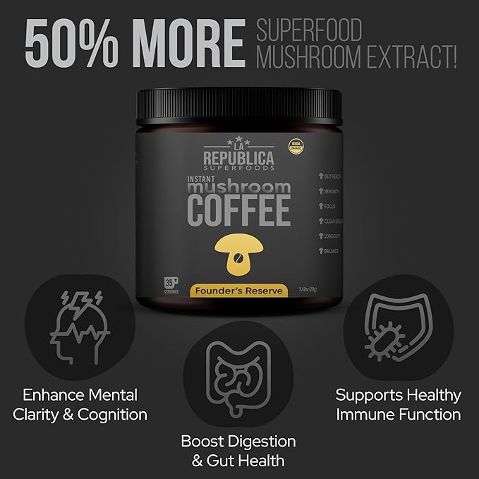 La Republica Founders Reserve Instant Mushroom Coffee Organic (35 Servings) Full Fruiting Bodies 50% More Shrooms Small Batch