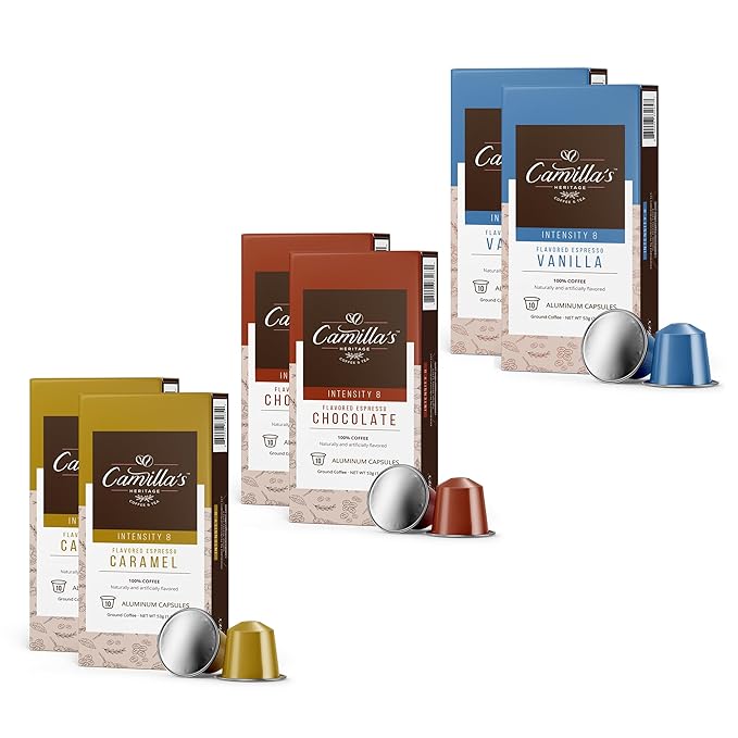 Camilla’s Heritage - Intensity 8 Flavored Espresso Coffee Variety Pack (Gourmet Chocolate Vanilla &amp Caramel Espresso Cups) 60 Coffee Pods