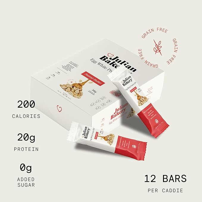 Julian Bakery Egg White Protein Bar—Peanut Butter 12 Bars 2.1oz (60 g) Each | 20g Protein | 17g Fiber | 1g Sugar