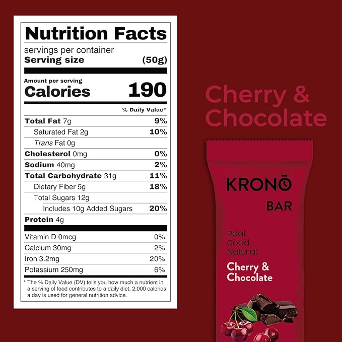 Krono Nutrition Energy Bar - Made with Natural Ingredients - Vegan - Gluten Free - Nuts Free - Soy Free - 50 gram per bars - 12 bars per box (12 count Cherry &amp Chocolate)