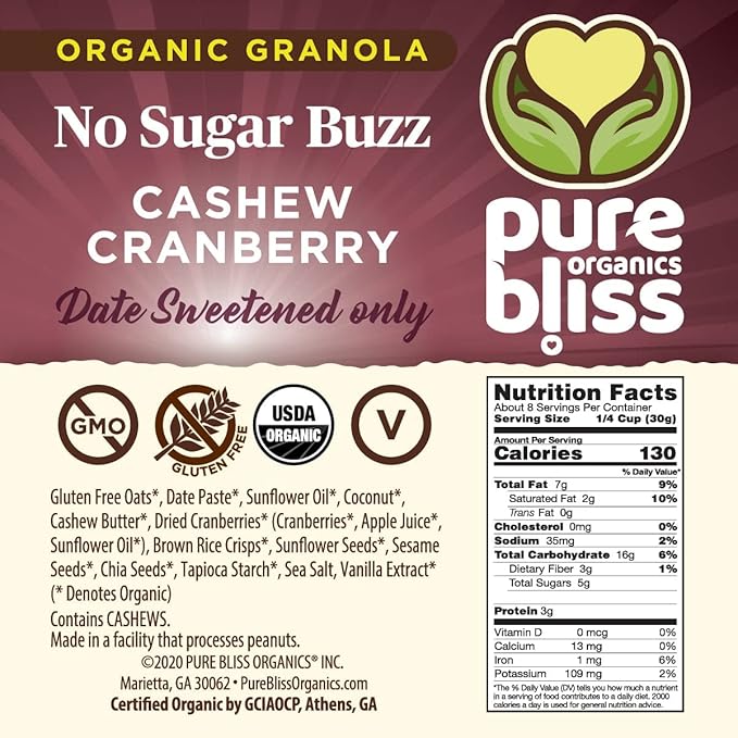 Pure Bliss Organics NO SUGAR BUZZ GRANOLA VARIETY PACK 3-12oz bags one each Cashew Raisin Granola Cashew Cranberry  Cocoa Cashew Butter  Certified Organic and Gluten Free Vegan Non GMO Low Gly
