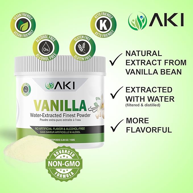 Aki Fine Vanilla Powder Extract From Beans (5.29oz/150g) - Water Extracted Powder Ideal For Baking Cooking Flavoring - Delicious Vanilla Flavor &amp Easy to Add in Smoothies &amp Coffee Non-GMO &a